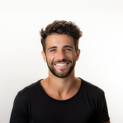 Obraz premium a closeup photo portrait of a handsome man smiling with clean teeth. used for a dental ad. guy with fresh stylish hair and beard with strong jawline. isolated on white background. Generative AI
