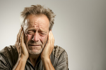 a older adult man with migraine headache holding his head having pain. isolated on white background. studio photo. Generative AI