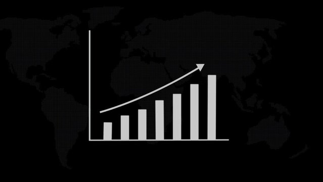 Animated graph chart with upward trend on world map background.