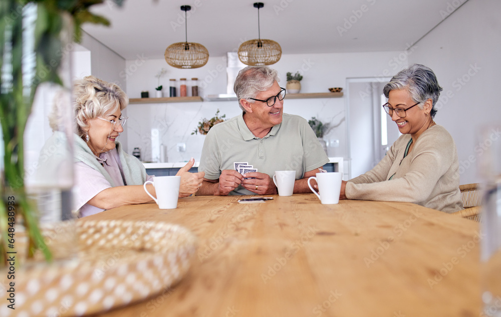 Sticker Playing cards, bonding and senior friends with coffee to relax in retirement with a game in a home. Talking, together and a senior man with women or people at a table for fun, break or happiness