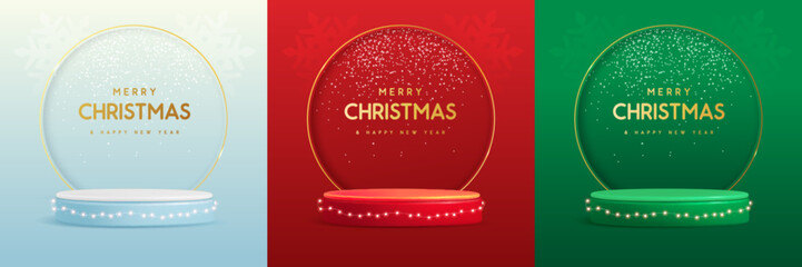 Set of holiday Christmas showcase backgrounds with 3d podium and golden arch. Vector illustration