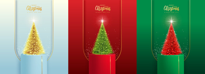 Set of holiday Christmas showcase backgrounds with 3d podium, Christmas tree and snowdrift. Vector illustration
