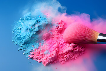 Makeup brush with colored powders in the air 