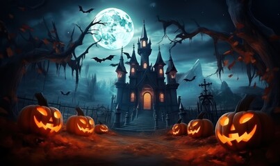 Witch's castle and pumpkin devil on a scary Halloween night.