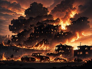 A surreal landscape of burning buildings and smoldering wreckage, illuminated by a brilliant red and orange sky - Powered by Adobe