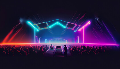 Neon DJ Stage with Crowds night color blue and Pink, live music