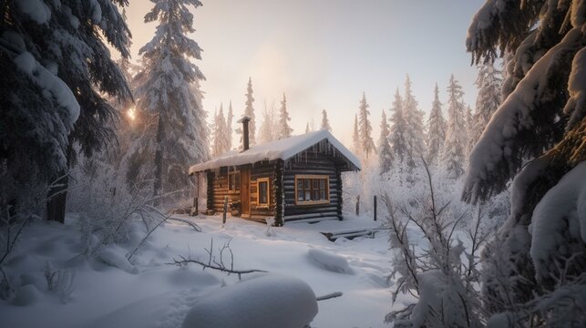Nature's Embrace Remote Cabin in a Snowy Wilderness