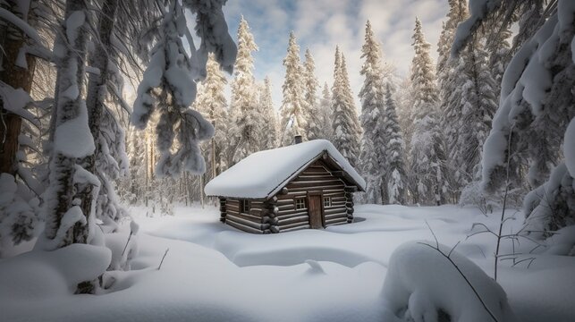 Morning Bliss Inviting Cabin in a Snow-Covered Wonderland