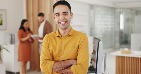 Portrait, smile and business man with arms crossed in office, startup company or creative...