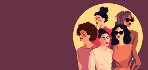 Vector flat banner of pastel colors for International Women's Day, beautiful women of different cultures and nationalities. Vector concept of movement for gender equality and women's empowerment