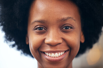 Happy, smile and closeup portrait of black woman with good, confident and positive attitude....