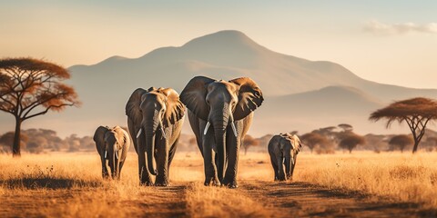 Elephant family in the savanna - obrazy, fototapety, plakaty