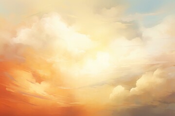 Obraz na płótnie Canvas Warm-toned background with softly blurred natural elements, bright sunlight, and patterns of orange light. Evening clouds and green energy in the sky create an abstract flare. Generative AI