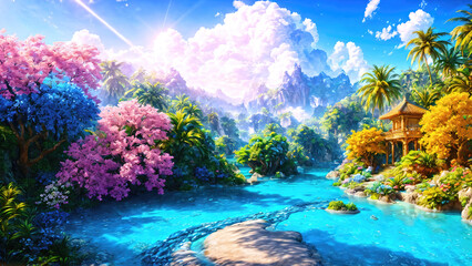 Paradise garden full of flowers, beautiful idyllic  background with many flowers in eden, 3d illustration.