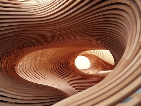 Abstract of wooden pattern, twisted shape, architecture  details, Perspective of future building design, Parametric wall. Background for business and advertising
