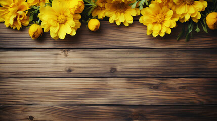 Yellow flowers on vintage wooden background