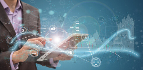 Businessman using mobile smartphone on global network connection on investor and customer with sale data exchange and development of business. Technology and digital marketing. Financial and banking. 