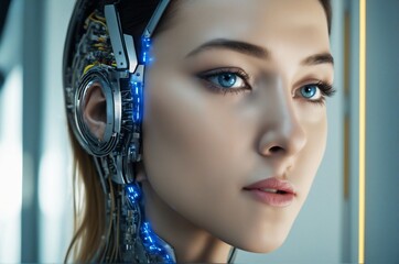 view of a humanoid head with blue eyes and vibrant neon neural network, representing futuristic technology and artificial intelligence. 