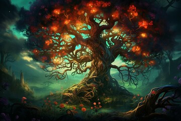 Enchanted tree adorned with vibrant leaves. Generative AI