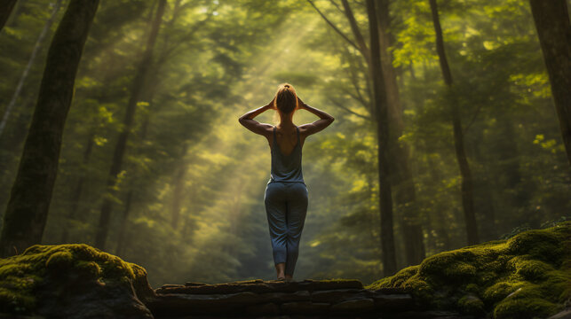 Yoga in a morning forest Woman in a tree pose