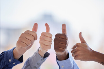 Business people, hands and thumbs up for teamwork, success and agreement with mockup space....