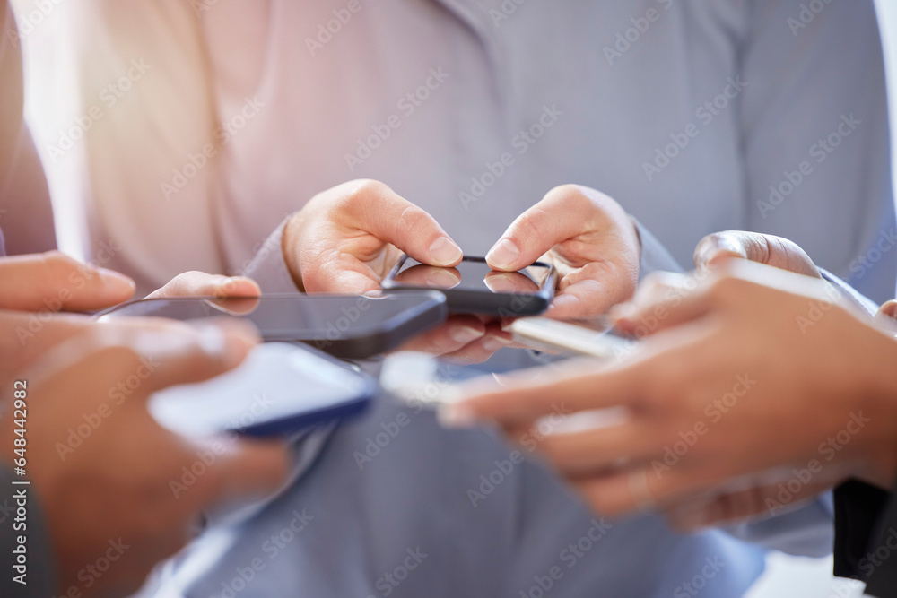 Fototapete Phone, hands and people networking in circle for information, notification and online communication on mobile software. Closeup, group and download cellphone app for contact, iot data or social media
