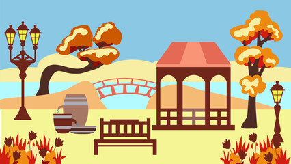 Landscape with an autumn city park with a gazebo, a bench, a fountain and a bridge across the river, illustration in a flat cartoon style.