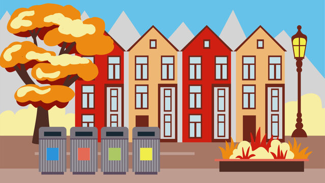 Urban landscape of a cozy autumn city, with low-rise buildings and townhouses and garbage cans for separate garbage collection, concern for the environment, illustration in a flat cartoon style