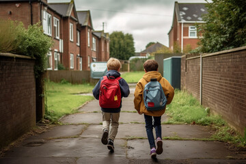 Rear view of two boys running in their school yard in the North East of England, They are running towards the door with their backpacks