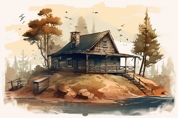 Illustration of rustic cabin surrounded by nature. Generative AI