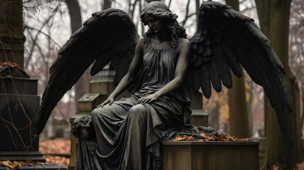 Monument of old angel on cemetery in Warsaw - obrazy, fototapety, plakaty