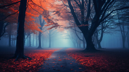 Beautiful mystical forest in blue fog in autumn