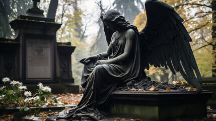 Monument of old angel on cemetery in Warsaw - obrazy, fototapety, plakaty