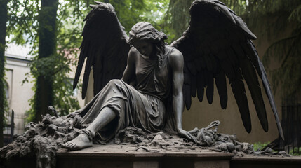 Monument of old angel on cemetery in Warsaw