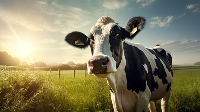 A cow is looking at the camera cow on the background of sky and green grass.