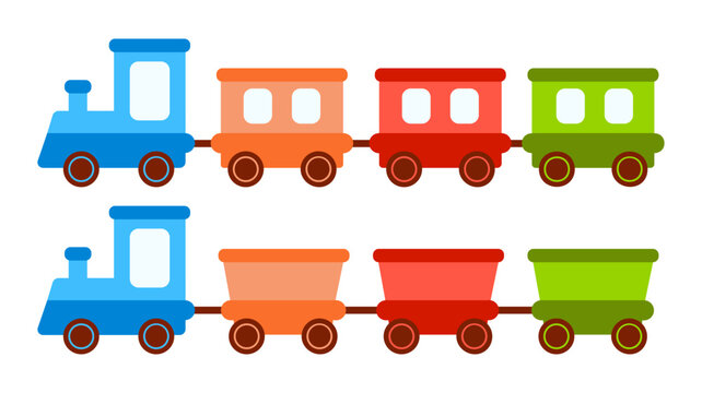 Set of cute toy train locomotive for kid, engine, wagon, wheels and railway for child. Flat vector illustration for holiday, birthday and shop. Transport children game.