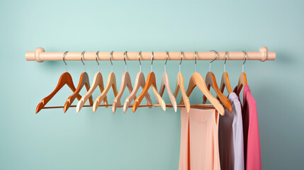 Rack with wooden clothes hangers on pastel