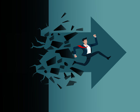 Breaking the wall concept, Businessman make challenge jumping breakthrough glass wall with large arrow