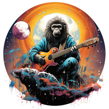 recommend clip art: Within a charming countryside, the baboon donning a guitar t-shirt sits on a rustic wooden fence, a sun-kissed field of wildflowers stretching into the distance, Generative Ai