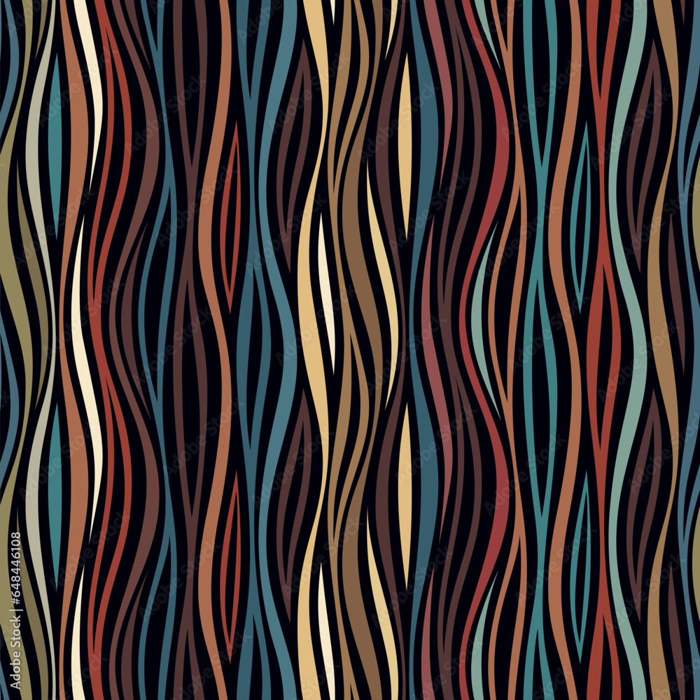 Wall mural Seamless repeating pattern with wavy multicolored stripes on a black background. Geometric striped linear waves. Modern stylish texture. Vector illustration.