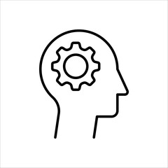 Human head with cogwheels inside linear icon. Artificial intelligence. Technology progress. Thin line illustration on white background