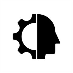 Human head with cogwheels inside linear icon. Artificial intelligence. Technology progress. Thin line illustration on white background