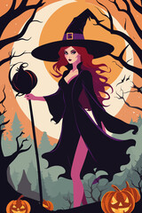 Enchanting Halloween Witch Vector Art with Vintage Charm