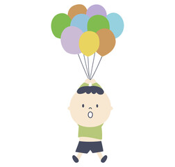 boy floating in the air with balloon