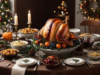 a festive holiday table with a beautifully roasted turkey and all the traditional side dishes.