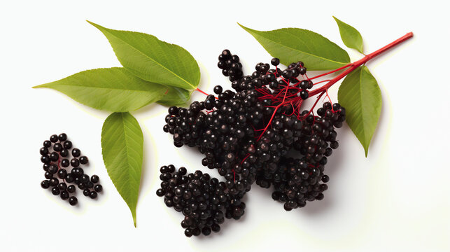 Frische Holunder mit einzelnen Bl&auml;ttern isoliert auf wei&szlig;em Hintergrund, Elderberry with generative KI
