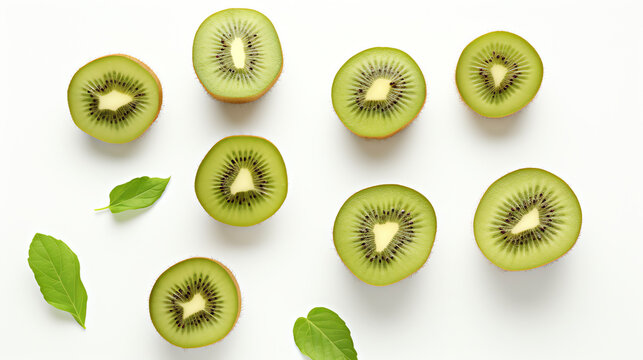 Frische Kiwi-St&uuml;cke und Einzelbl&auml;tter Isoliert auf wei&szlig;em Hintergrund with generative KI