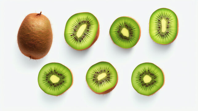 Frische Kiwi-St&uuml;cke und Einzelbl&auml;tter Isoliert auf wei&szlig;em Hintergrund with generative KI