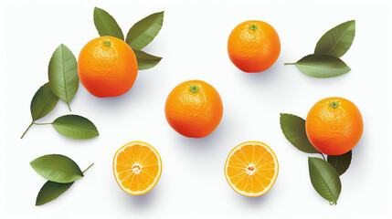 Frische Orangenstücke und Einzelblätter Isoliert auf weißem Hintergrund with generative KI
