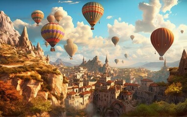 Hot Air Balloons Festival Flying Over Ancient City